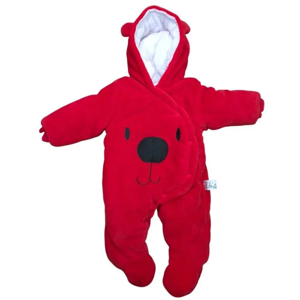 Baby Red Bear Hooded Fleece Snowsuit Jumpsuit One Piece Outfit 6-12 Months.